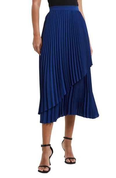 Shop French Connection Arie Pleated Asymmetric Hem Midi Skirt In 40-blue Depths