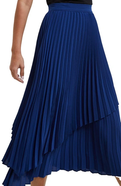 Shop French Connection Arie Pleated Asymmetric Hem Midi Skirt In 40-blue Depths