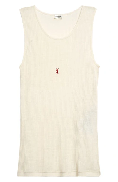 Shop Saint Laurent Cassandre Embroidered Logo Wool Rib Muscle Tank In Beige/ Rouge