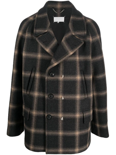 Shop Maison Margiela Check-pattern Wool Coat In Black