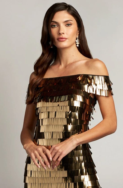 Sho By Tadashi Shoji Sequin Fringe Off The Shoulder Dress In Golden