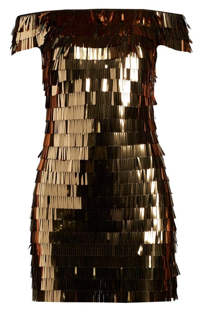 Shop Sho By Tadashi Shoji Sequin Fringe Off The Shoulder Dress In Golden