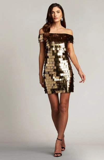 Sho By Tadashi Shoji Sequin Fringe Off The Shoulder Dress In Golden