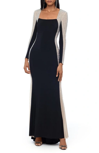 Shop Xscape Keyhole Beaded Cap Sleeve Gown In Black Nude Silver