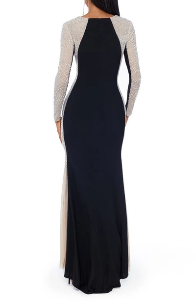 Shop Xscape Keyhole Beaded Cap Sleeve Gown In Black Nude Silver