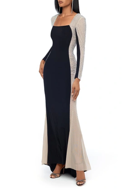 Shop Xscape Keyhole Beaded Cap Sleeve Gown In Black Nude Silver
