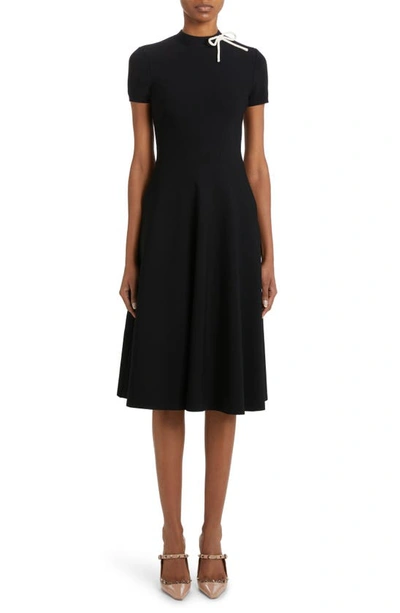 Shop Valentino Bow Detail Mock Neck A-line Dress In Nero