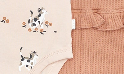 Shop Firsts By Petit Lem Kitten Print 3-piece Stretch Organic Cotton Bodysuits & Solid Leggings Set In White