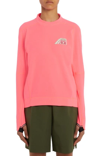 Shop Moncler Mountain Logo Patch Crewneck Fleece Sweatshirt In Pink