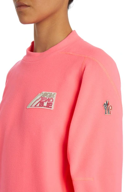 Shop Moncler Mountain Logo Patch Crewneck Fleece Sweatshirt In Pink