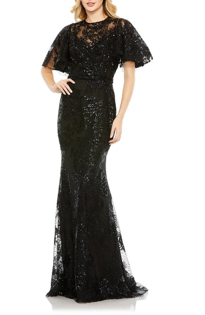 Shop Mac Duggal Embellished Flutter Sleeve Mermaid Gown In Black