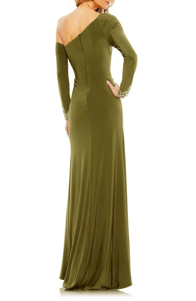 Mac Duggal One-shoulder Long Sleeve Jersey Gown In Olive