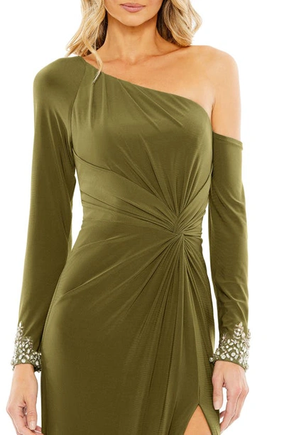 Mac Duggal One-shoulder Long Sleeve Jersey Gown In Olive