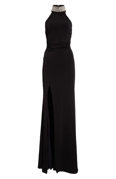 Shop Cinq À Sept Izzy Ruched Embellished Neck Gown In Black