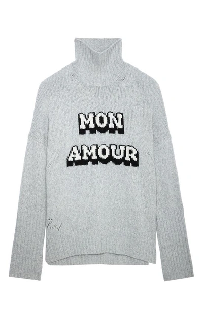 Shop Zadig & Voltaire Alma Mon Amour Wool Graphic Turtleneck Sweater In Gris Chine