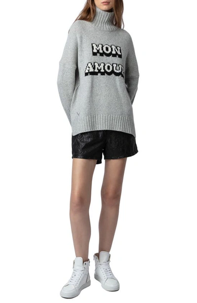 Shop Zadig & Voltaire Alma Mon Amour Wool Graphic Turtleneck Sweater In Gris Chine