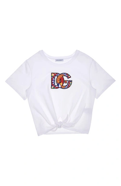 Shop Dolce & Gabbana Kids' Patch Logo Knot Hem Cotton T-shirt In Red Multiprint