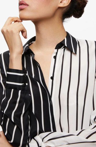 Shop Alice And Olivia Willa Colorblock Stripe Silk Button-up Shirt In Vertical Palazzo Stripe Black
