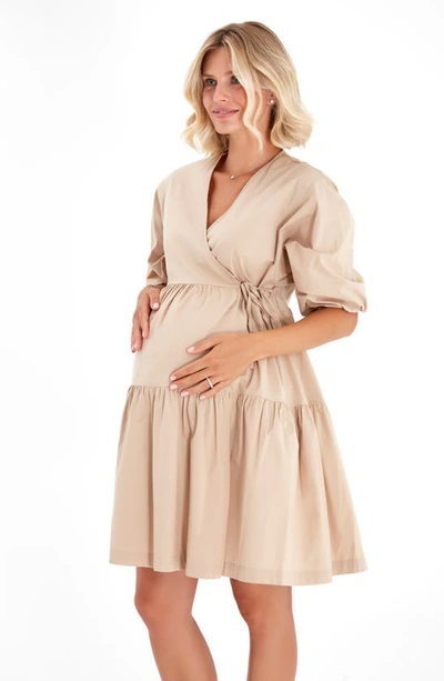 Shop Accouchée Tie Waist A-line Maternity/nursing Wrap Dress In Beige