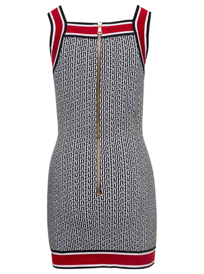 Shop Balmain Mini Multicolor Knit Dress With All-over Monogram In Viscose Blend Woman