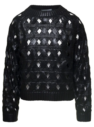 Shop Alberta Ferretti Black Crewneck Sweater With Geometric Cut-outs In Cotton Blend Woman