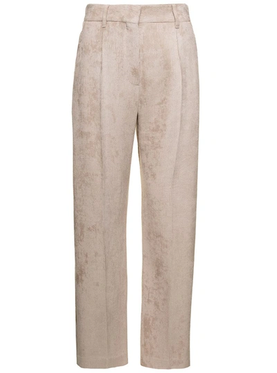 Shop Brunello Cucinelli Beige Relaxed Pants With Belt Loops In Corduroy Woman