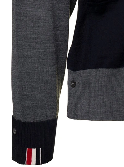 Shop Thom Browne Fun Mix Jersey Stitch Relaxed Fit V Neck Cardigan In Fine Merino Wool W/ Rwb Stripe In Blu
