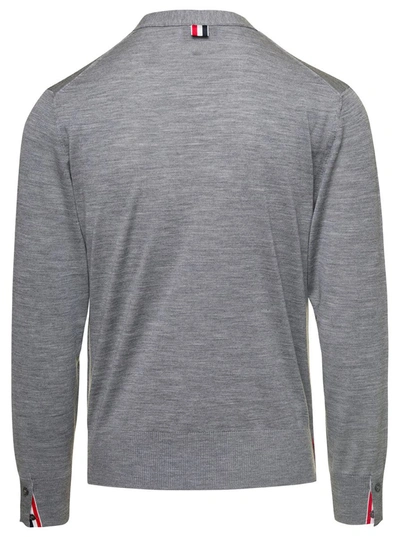 Shop Thom Browne Jersey Stitch Relaxed Fit V Neck Cardigan In Fine Merino Wool W/ Rwb Stripe In Grey