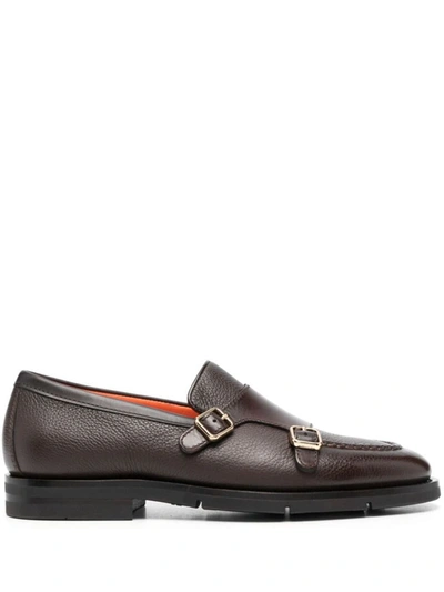 Santoni Double Monk Strap Loafers With Buckle Detailing In Brown