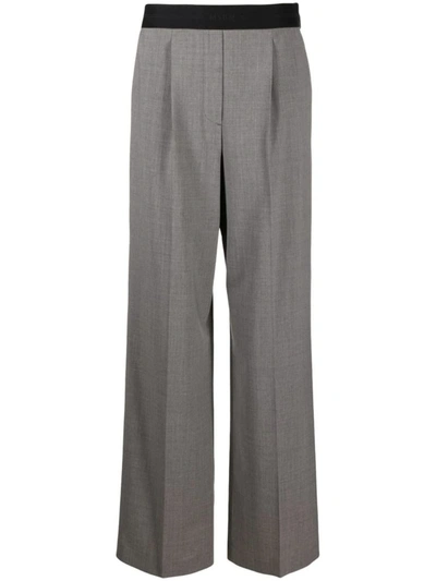 Shop Msgm Logo-waistband Straight-leg Trousers In Grey Melange