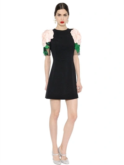 Dolce & Gabbana Flower Appliqués Stretch Cady Dress, Black/pink