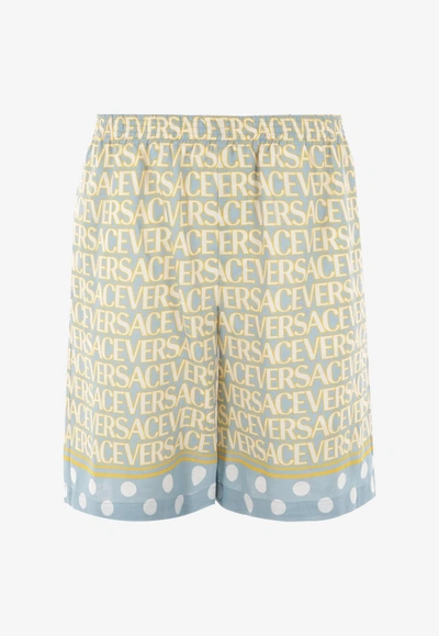 Versace Silk Bermuda Shorts With All-over Logo In Multicolor