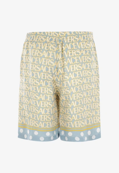 Versace Silk Bermuda Shorts With All-over Logo In Multicolor