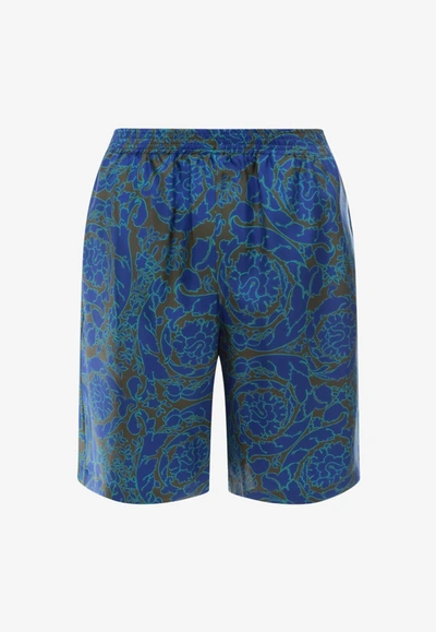 Shop Versace Barocco Silk Bermuda Shorts In Blue