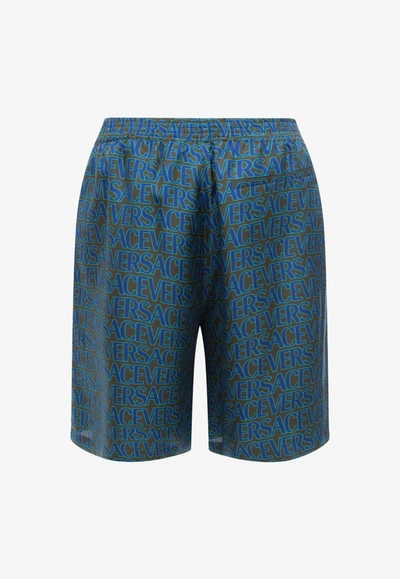 Versace Silk Bermuda Shorts With Allover Print In Blue