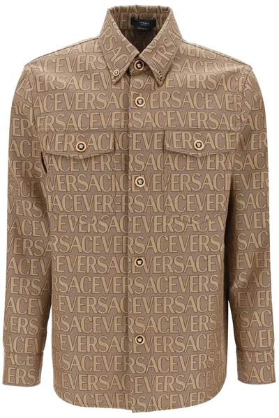 Shop Versace Allover Overshirt Jacket In Brown