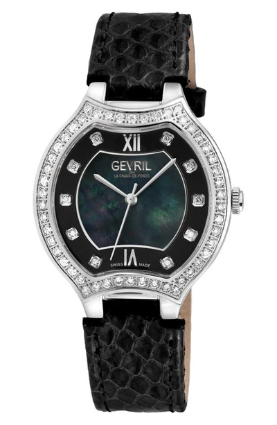 Shop Gevril Lugano Diamond Croc Embossed Leather Strap Watch, 38mm In Black