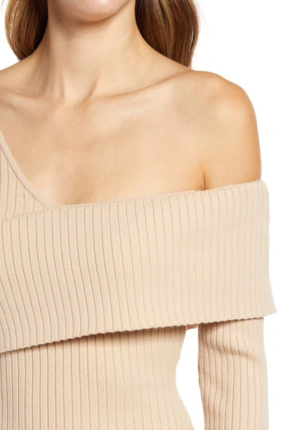 Shop Bebe Asymmetrical Off The Shoulder Sweater Dress In Ivory