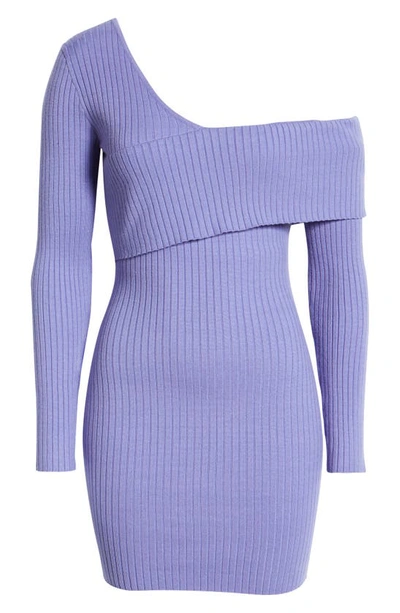 Shop Bebe Asymmetrical Off The Shoulder Sweater Dress In Blue