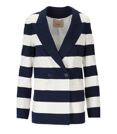 Shop Twinset White And Blue Striped Double-breasted Blazer