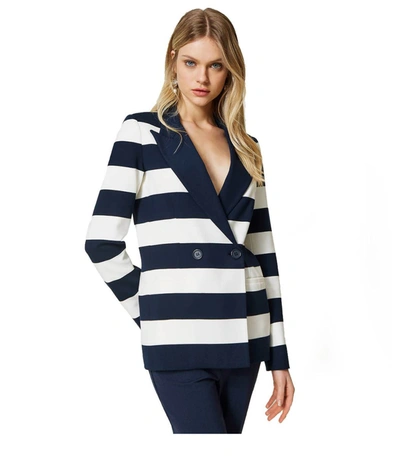 Shop Twinset White And Blue Striped Double-breasted Blazer