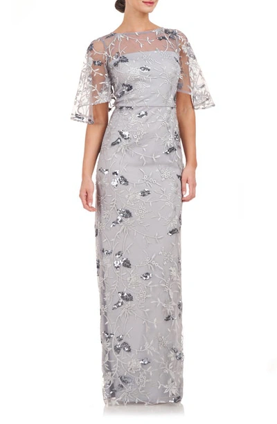 Shop Js Collections Daphne Embroidered Sequin Column Gown In Silver