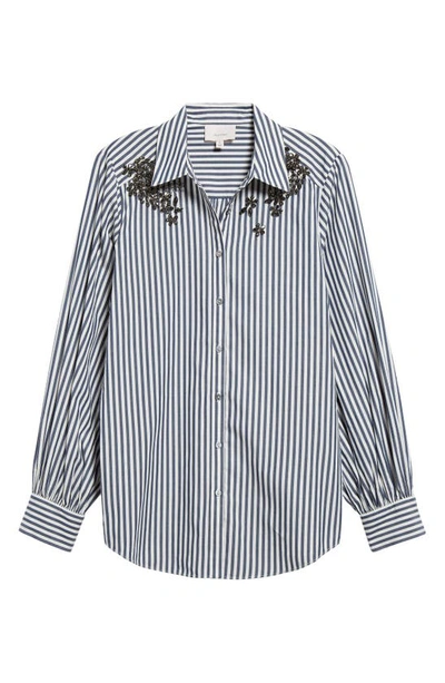 Shop Cinq À Sept Kandice Stripe Embellished Cotton Button-up Shirt In Peacock Blue/ Ivory