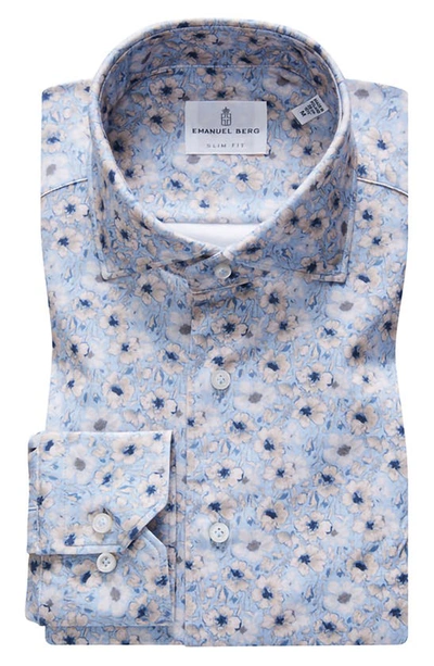 Shop Emanuel Berg 4flex Slim Fit Floral Knit Button-up Shirt In Bright Blue