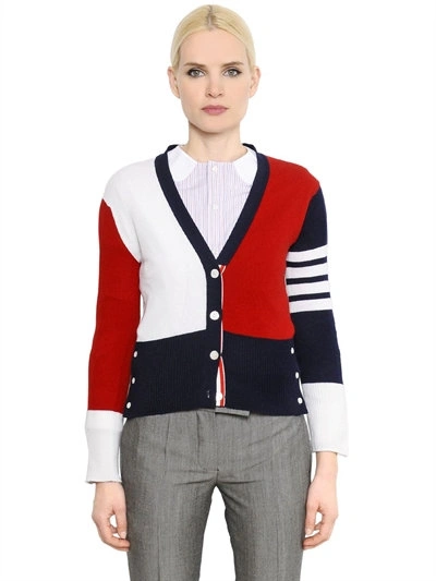 Shop Thom Browne Color Blocked Cashmere Cardigan, Navy/white/red