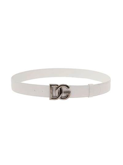 Shop Dolce & Gabbana White Belt With Logo Dg Buckle In Smooth Leather Man