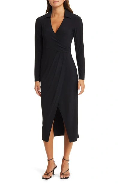 Shop Open Edit Long Sleeve Faux Wrap Jersey Dress In Black