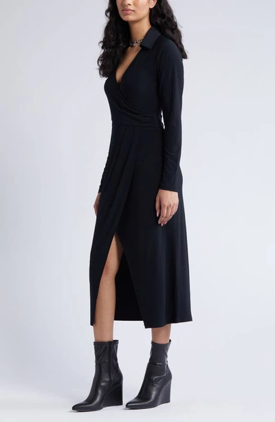Shop Open Edit Long Sleeve Faux Wrap Jersey Dress In Black