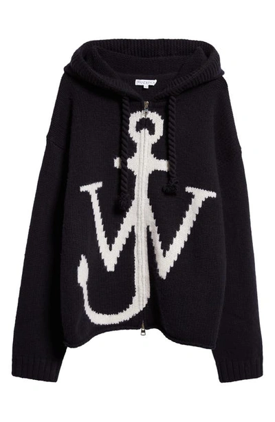 Shop Jw Anderson Anchor Front Zip Knit Wool Hoodie In Navy