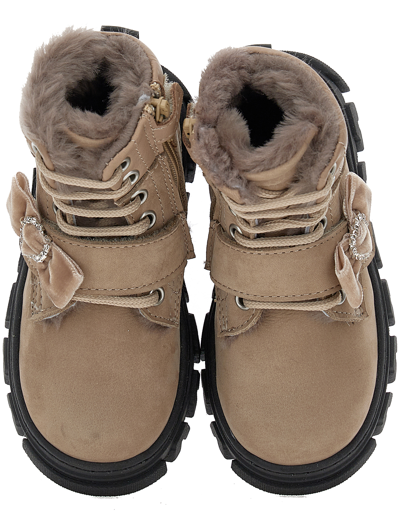 Monnalisa Sheepskin-lined Nappa And Nubuck Combat Boots In Beige